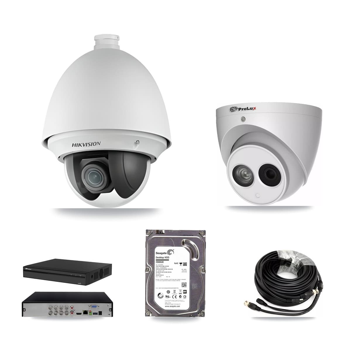Hikvision & Prolux 8-Channel 2MP – 4MP CCTV Kit — 1 2MP PTZ + 1 4MP Turret Cameras + 2TB Recording (PXD-5108HS Recorder) - Image 1