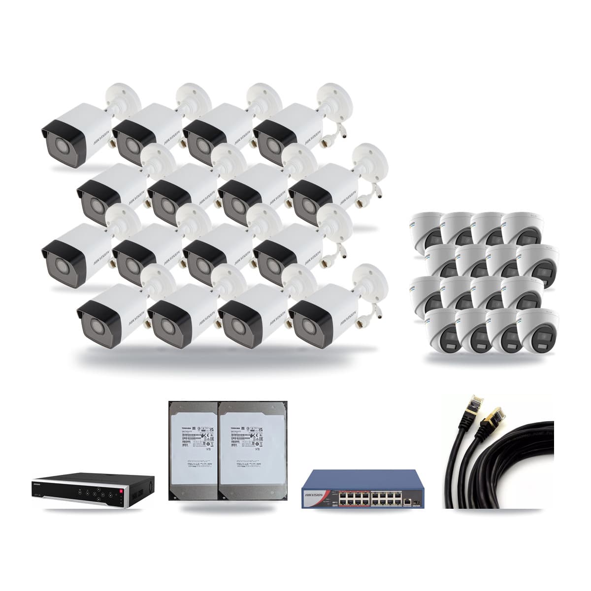 Hikvision 32-Channel 2MP – 5MP CCTV Kit — 16 5MP Bullet + 16 2MP Turret Cameras + 2× 14TB Recording - Image 1