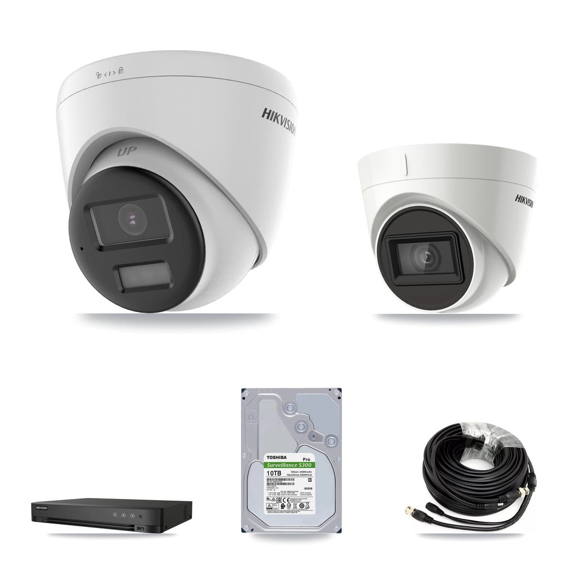 Hikvision 4-Channel 4K CCTV Kit — 2 DS-2CE78U0T + 2 DS-2CE78U1T Turret Cameras + 10TB Recording (IDS-7204HUHI Recorder)