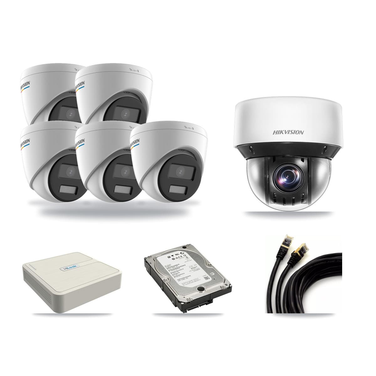 Hikvision & HiLook 8-Channel 2MP – 4MP CCTV Kit — 5 DS-2CD1327G2 2MP Turret + 1 DS-2DE4A425IW 4MP PTZ Cameras + 5TB Recording - Image 1