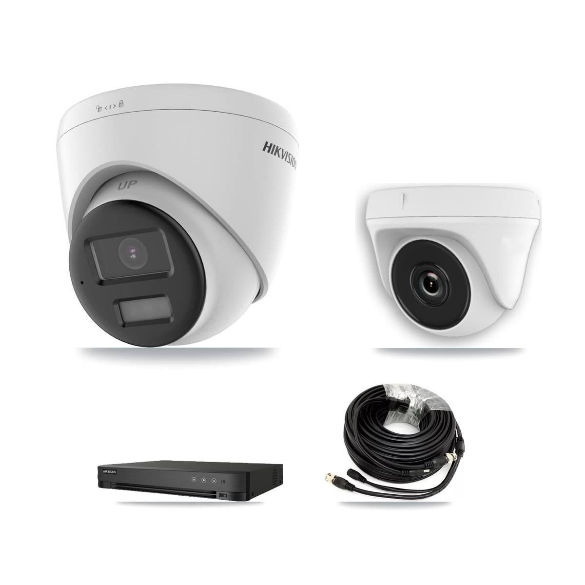 Hikvision 8-Channel 2MP – 5MP CCTV Kit — 2 DS-2CE78K0T 5MP Turret + 1 White HDT-2MP-N20W 2MP Dome Cameras + 3TB Recording (IDS-7208HQHI Recorder)