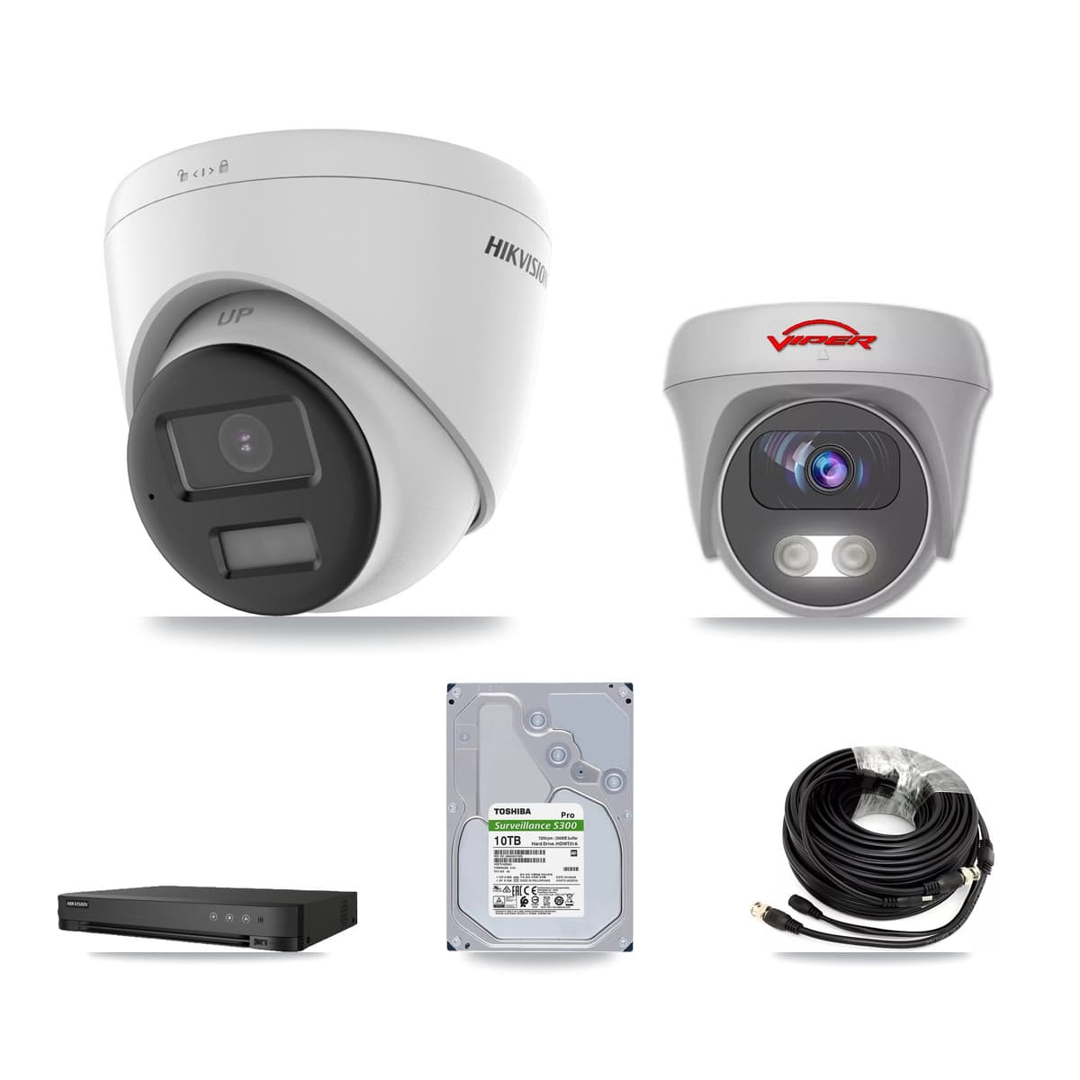 Hikvision & Viper 8-Channel 5MP – 4K CCTV Kit — 3 DS-2CE78U0T-LPTS 4K Turret + 1 White VIPER-5MP-3K-AOC-WHITE-2.8MM 5MP Cameras + 10TB Recording (IDS-7208HUHI-M1/E Recorder)
