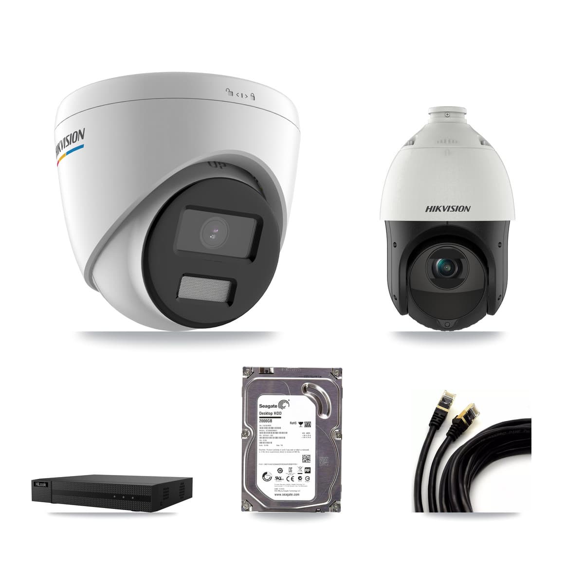 Hikvision & HiLook 8-Channel 2MP – 4MP CCTV Kit — 1 2MP Turret + 1 4MP PTZ Cameras + 2TB Recording (NVR-108MH-D Recorder) - Image 1