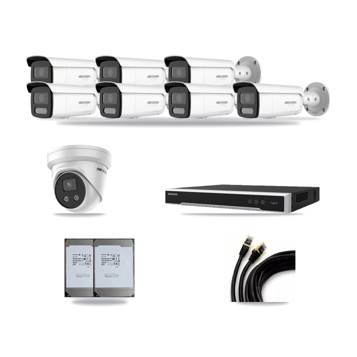 Hikvision 8-Channel 5MP – 4K CCTV Kit — 7 4K Bullet + 1 5MP Turret Cameras + 2× 14TB Recording - Image 1
