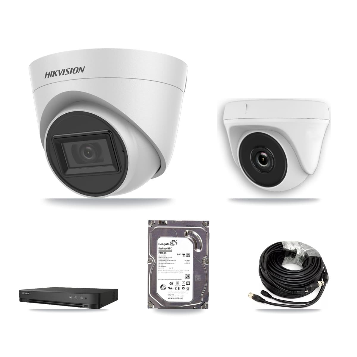 Hikvision 8-Channel 2MP – 5MP CCTV Kit — 1 White 5MP Turret + 1 White 2MP Dome Cameras + 2TB Recording (IDS-7208HQHI Recorder)