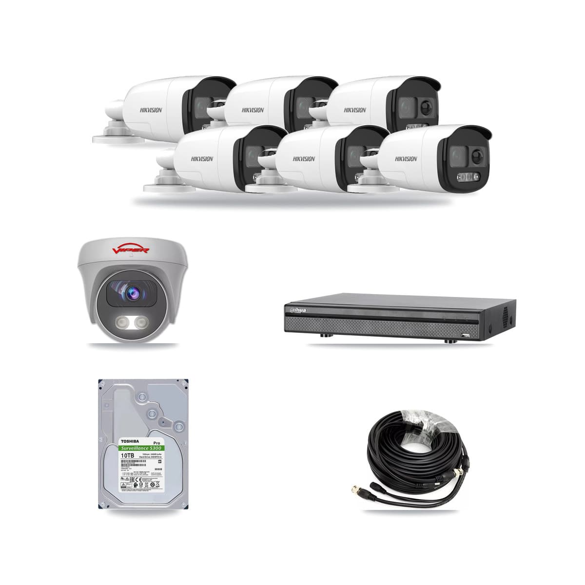 8-Channel 5MP CCTV Kit — 6 DS-2CE12KF3T Bullet + 1 White VIPER-5MP-3K Cameras + 10TB Recording (DH-XVR5108H Recorder) - Image 1