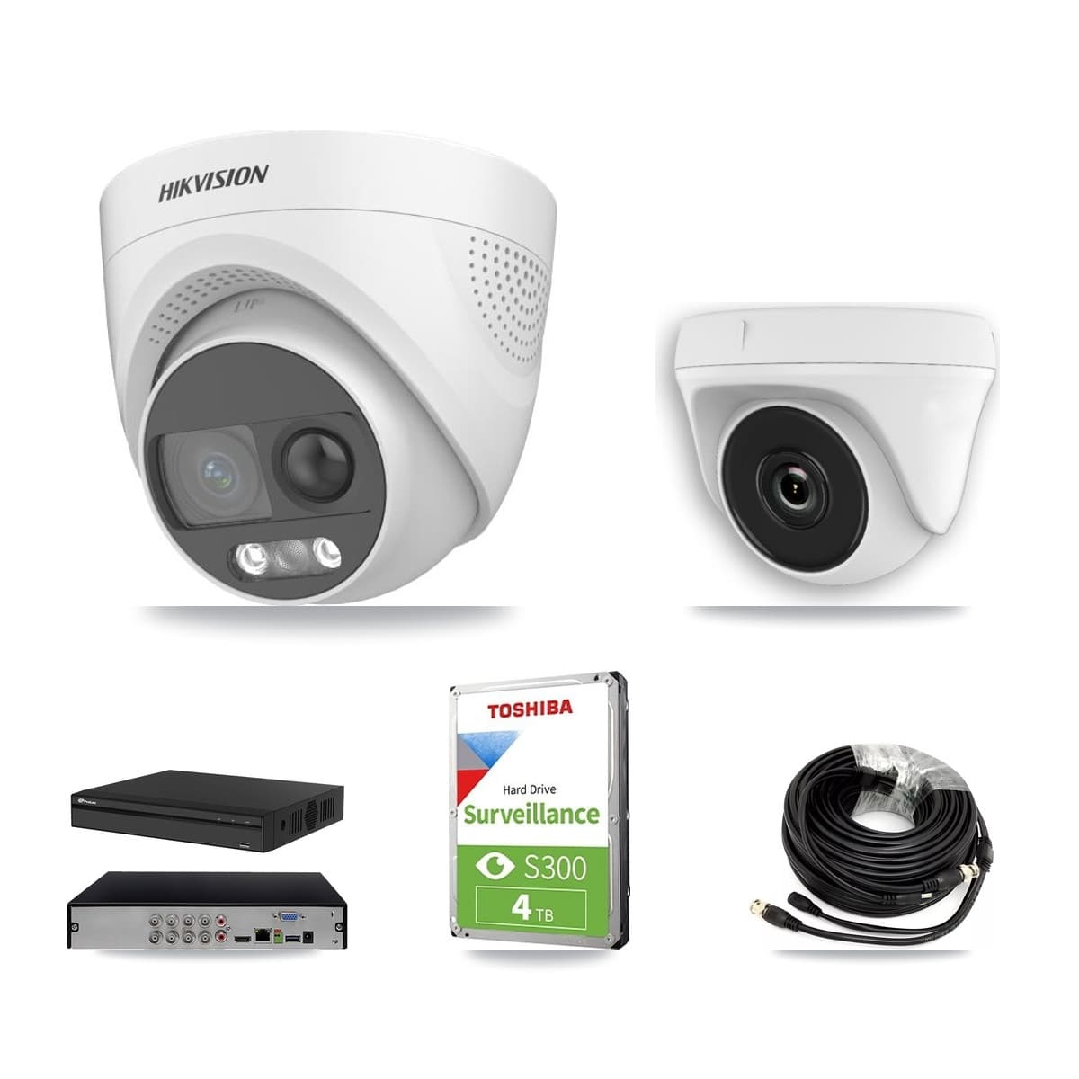 Hikvision & Prolux 8-Channel 2MP – 5MP CCTV Kit — 2 DS-2CE72KF3T 5MP Turret + 2 White HDT-2MP-N20W 2MP Dome Cameras + 4TB Recording