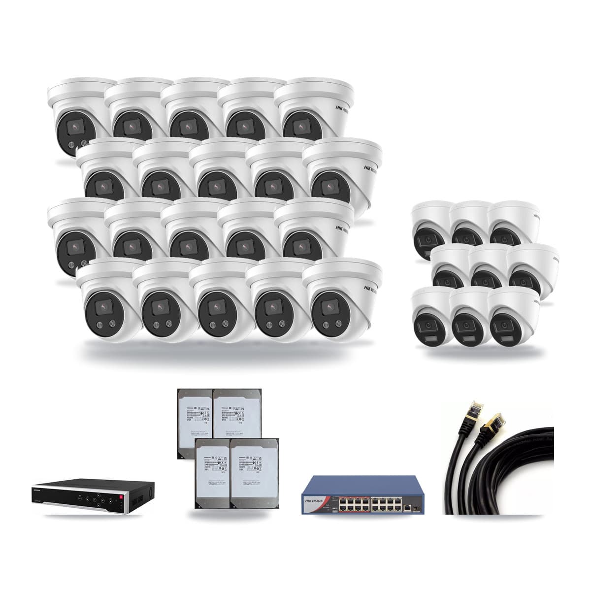 Hikvision 32-Channel 5MP – 4K CCTV Kit — 9 4K + 20 5MP Turret Cameras + 4× 14TB Recording - Image 1