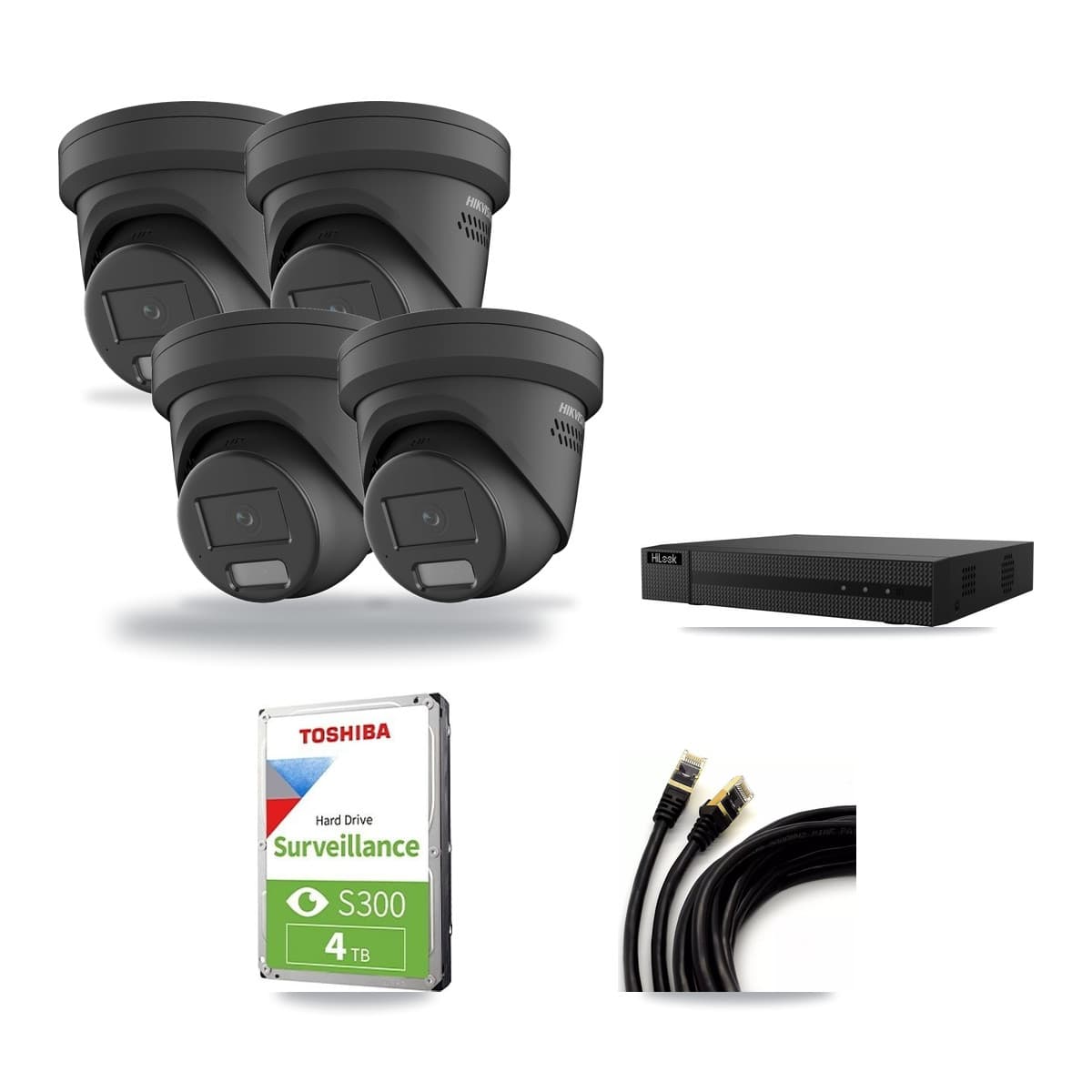 Hikvision & HiLook 8-Channel 4MP CCTV Kit — 4 Black Turret Cameras + 4TB Recording (NVR-108MH-D Recorder) - Image 1