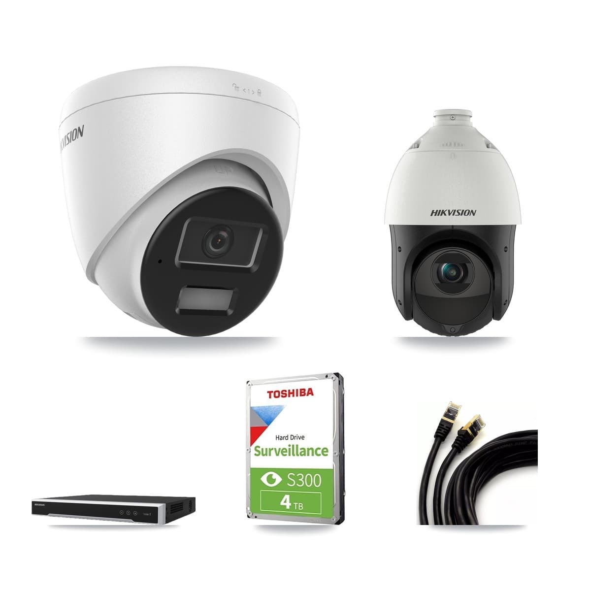 Hikvision 8-Channel 4MP CCTV Kit — 2 Turret + 1 PTZ Cameras + 4TB Recording (DS-7608NI-M2 Recorder)