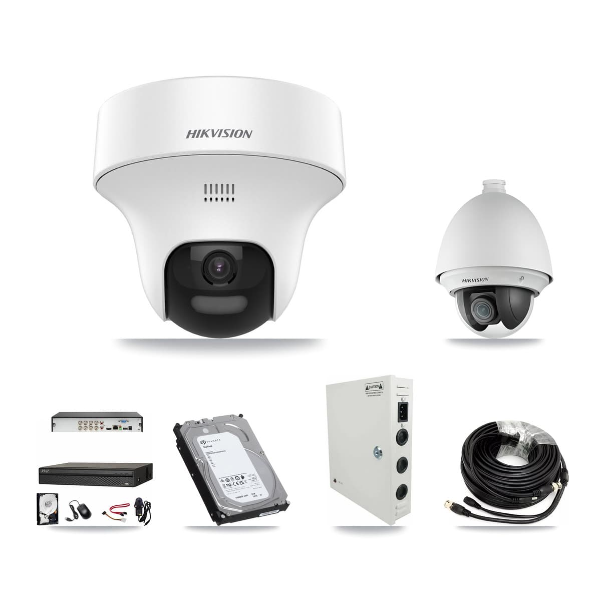 Hikvision & Dahua 8-Channel 2MP – 5MP CCTV Kit — 1 DS-2AE4225T 2MP PTZ + 4 DS-2CE70K0T 5MP Turret Cameras + 6TB Recording