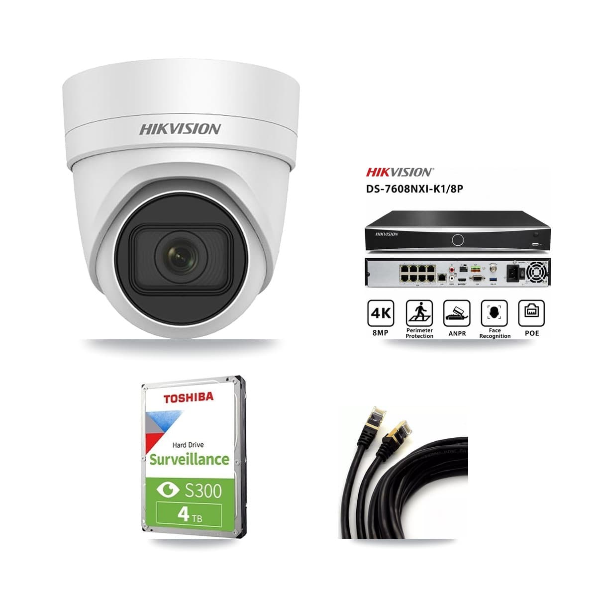 Hikvision 8-Channel 4MP CCTV Kit — 3 DS-2CD2H45FWD Turret Cameras + 4TB Recording (DS-7608NXI Recorder)