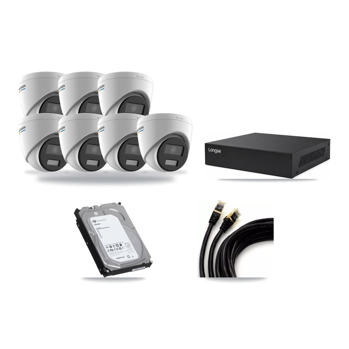 Longse 8-channel CCTV kit: 8 cameras (7× 2MP Turret + 1× 5MP Dome), 6TB hard drive