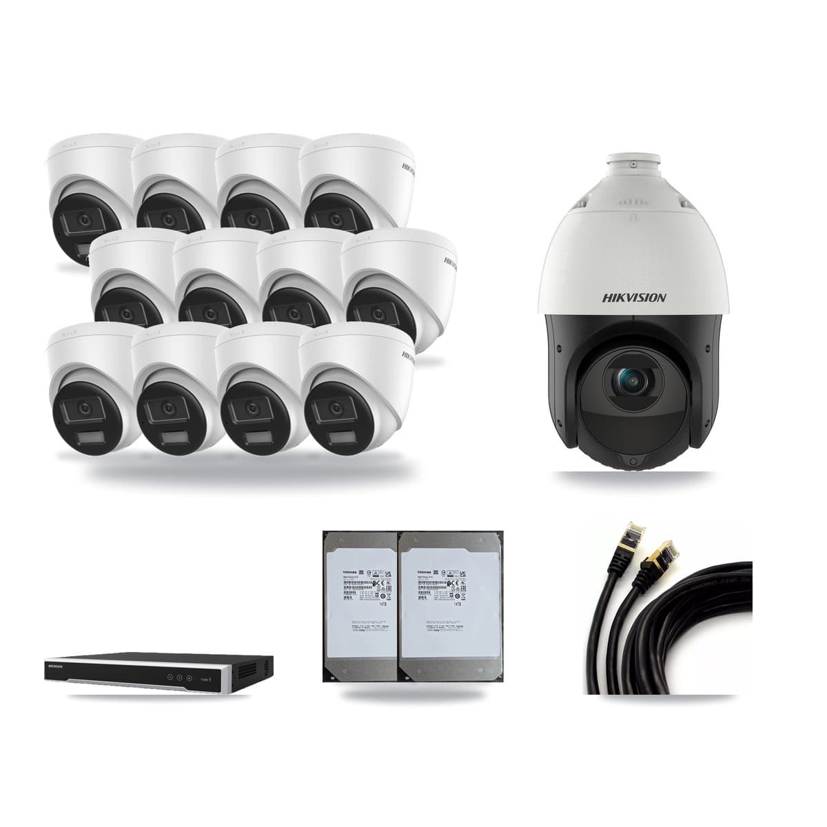 Hikvision 16-Channel 4MP – 4K CCTV Kit — 12 4K Turret + 1 4MP PTZ Cameras + 2× 14TB Recording (DS-7616NI-M2 Recorder) - Image 1