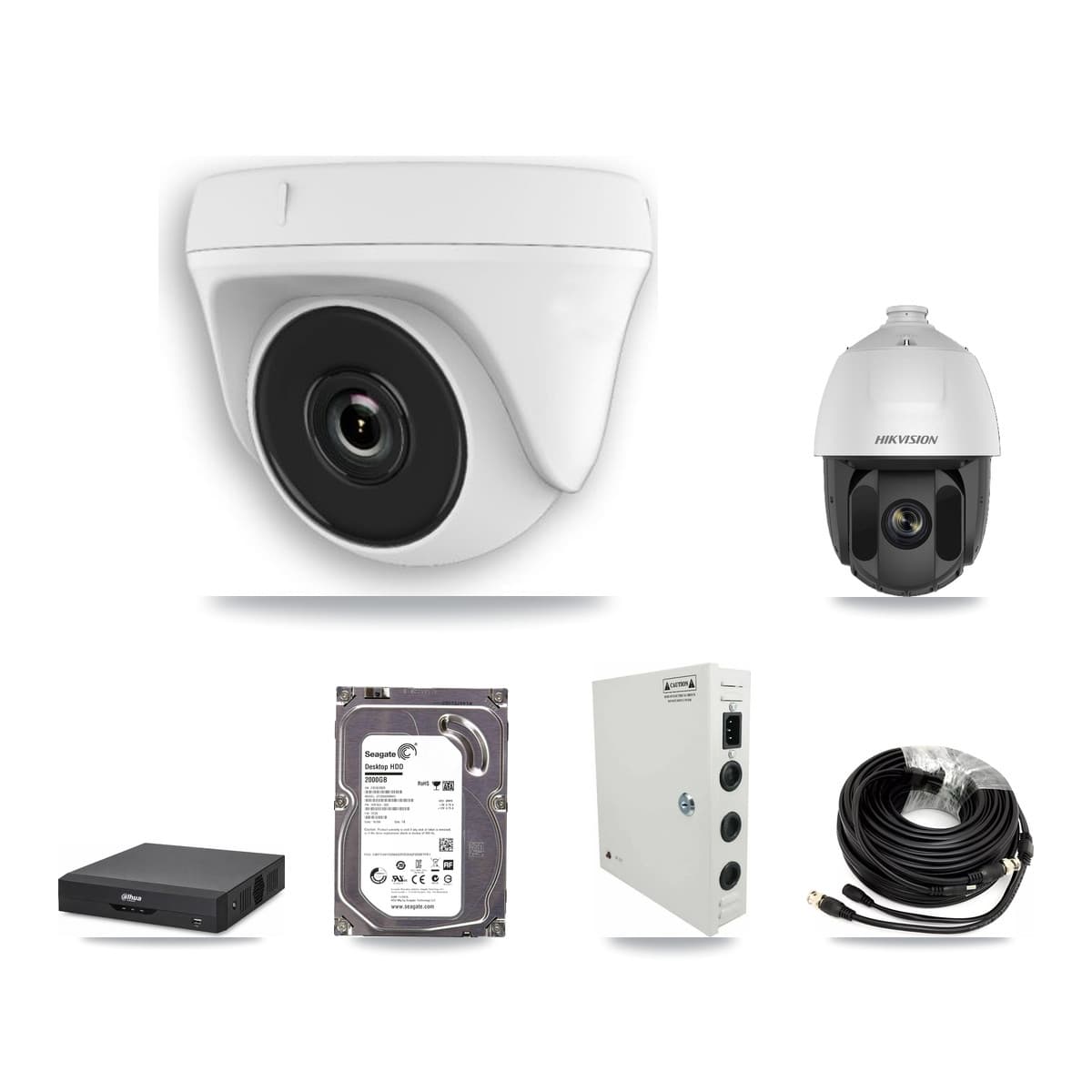 Hikvision & Dahua 4-Channel 2MP CCTV Kit — 1 DS-2AE5225TI PTZ + 2 White HDT-2MP-N20W Dome Cameras + 2TB Recording - Image 1
