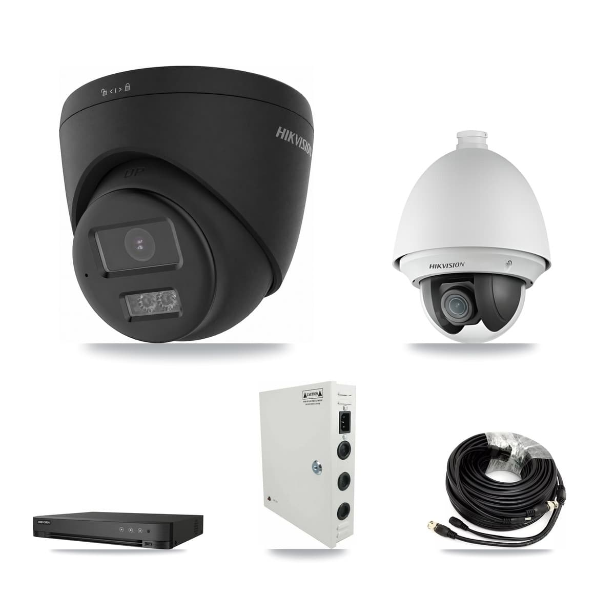 Hikvision 4-Channel 2MP – 4K CCTV Kit — 1 2MP PTZ + 3 Black 4K Turret Cameras + 8TB Recording (DS-7204HUHI Recorder)