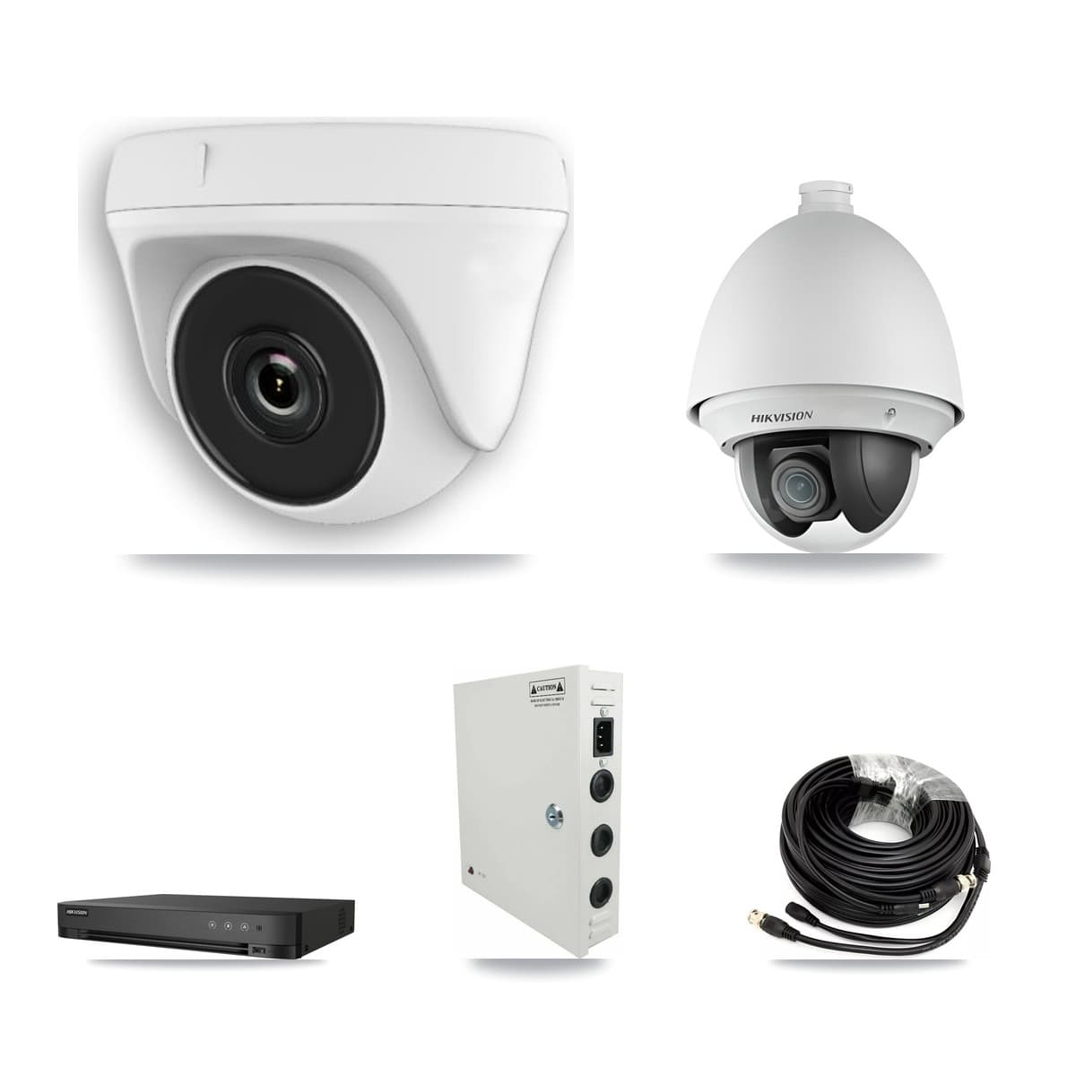 Hikvision 4-Channel 2MP CCTV Kit — 1 DS-2AE4225T PTZ + 3 White HDT-2MP-N20W Dome Cameras + 3TB Recording (IDS-7204HQHI Recorder)