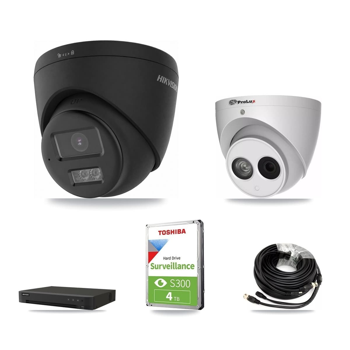 Hikvision & Prolux 8-Channel 4MP – 4K CCTV Kit — 1 Black DS-2CE78U0T-LTS-BLACK 4K + 1 PXC-612C4W-A-POC 4MP Turret Cameras + 4TB Recording (IDS-7208HUHI-M1/XT Recorder) - Image 1