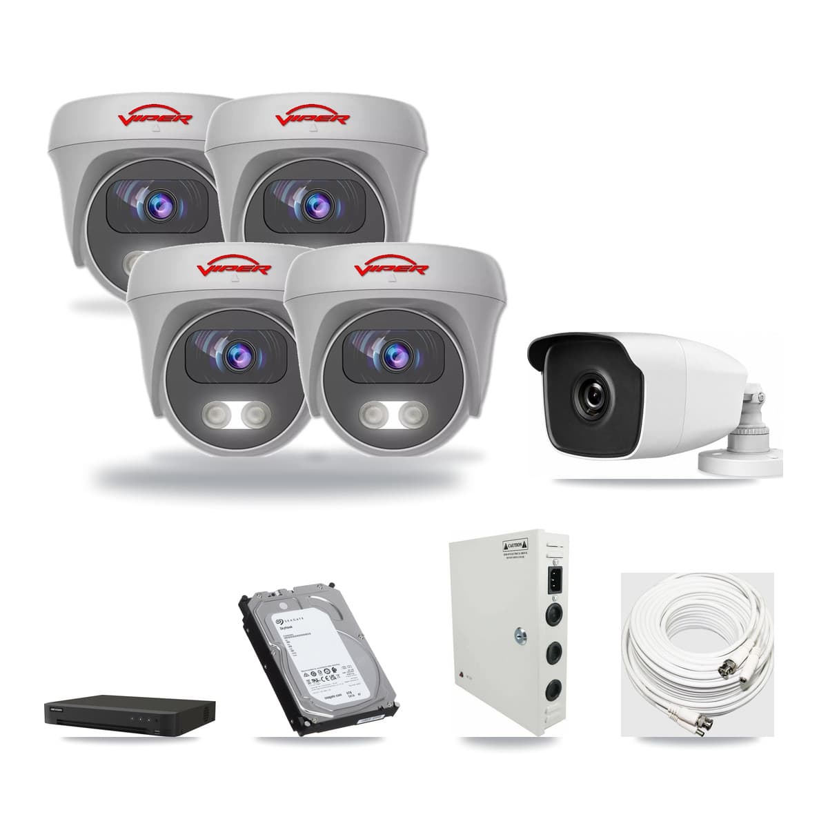 8-Channel 3MP – 5MP CCTV Kit — 1 THC-B230-R 3MP Bullet + 4 White VIPER-5MP-3K-AOC-WHITE-2.8MM 5MP Cameras + 6TB Recording (IDS-7208HUHI-M1/XT Recorder) - Image 1