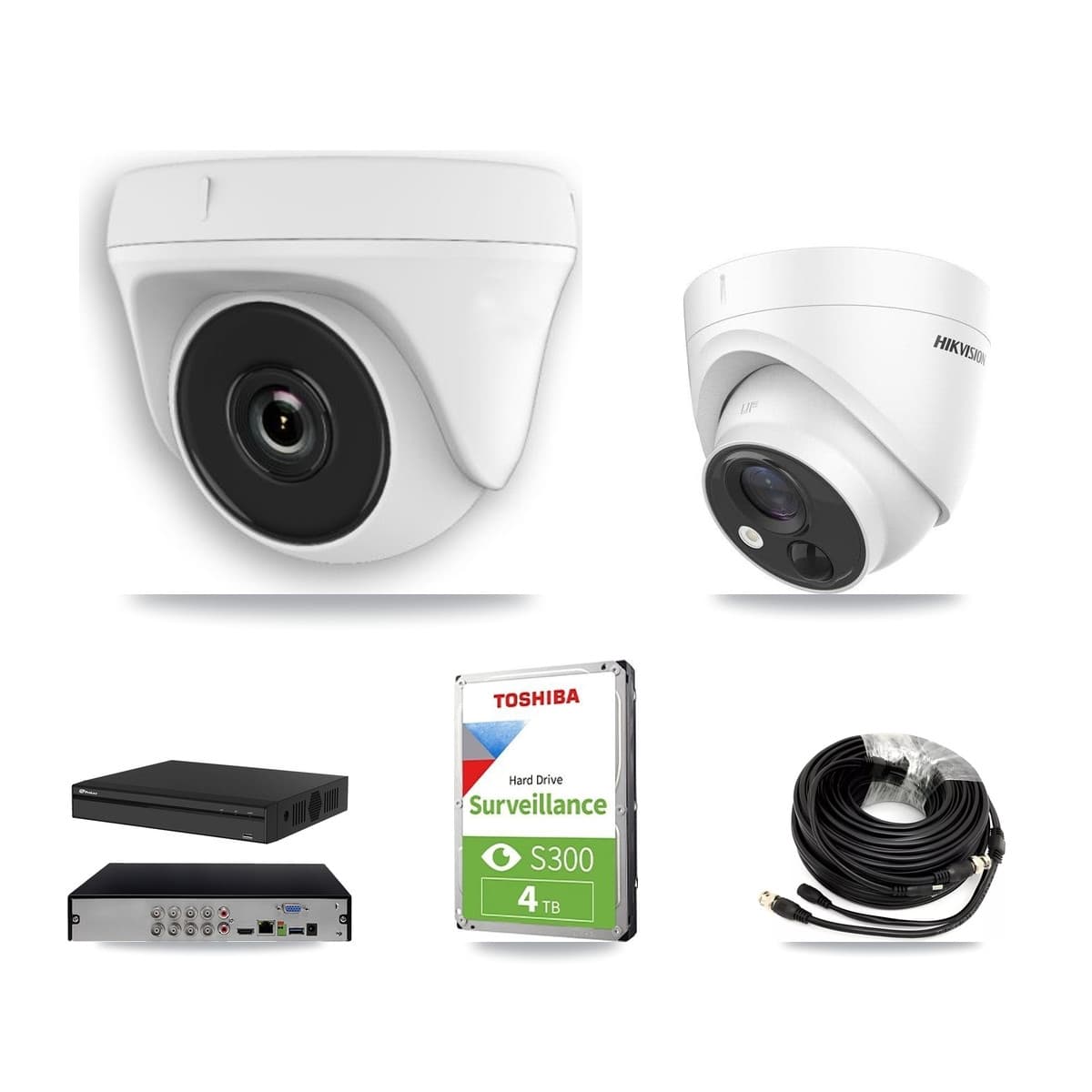 Hikvision & Prolux 8-Channel 2MP – 5MP CCTV Kit — 1 DS-2CE71H0T 5MP Turret + 4 White HDT-2MP-N20W 2MP Dome Cameras + 4TB Recording - Image 1