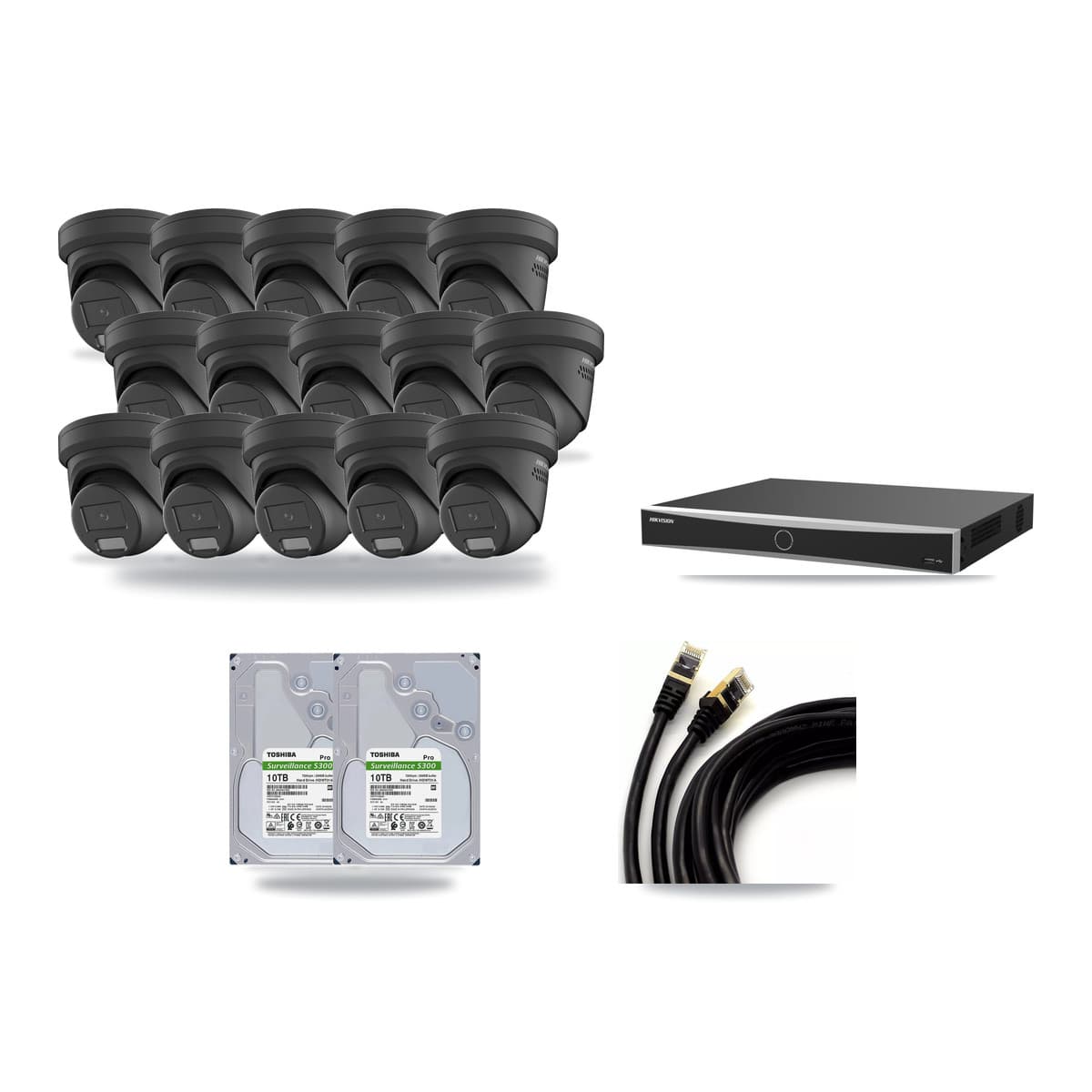 Hikvision 16-Channel 4MP CCTV Kit — 15 Black Turret Cameras + 2× 10TB Recording (DS-7616NXI Recorder) - Image 1
