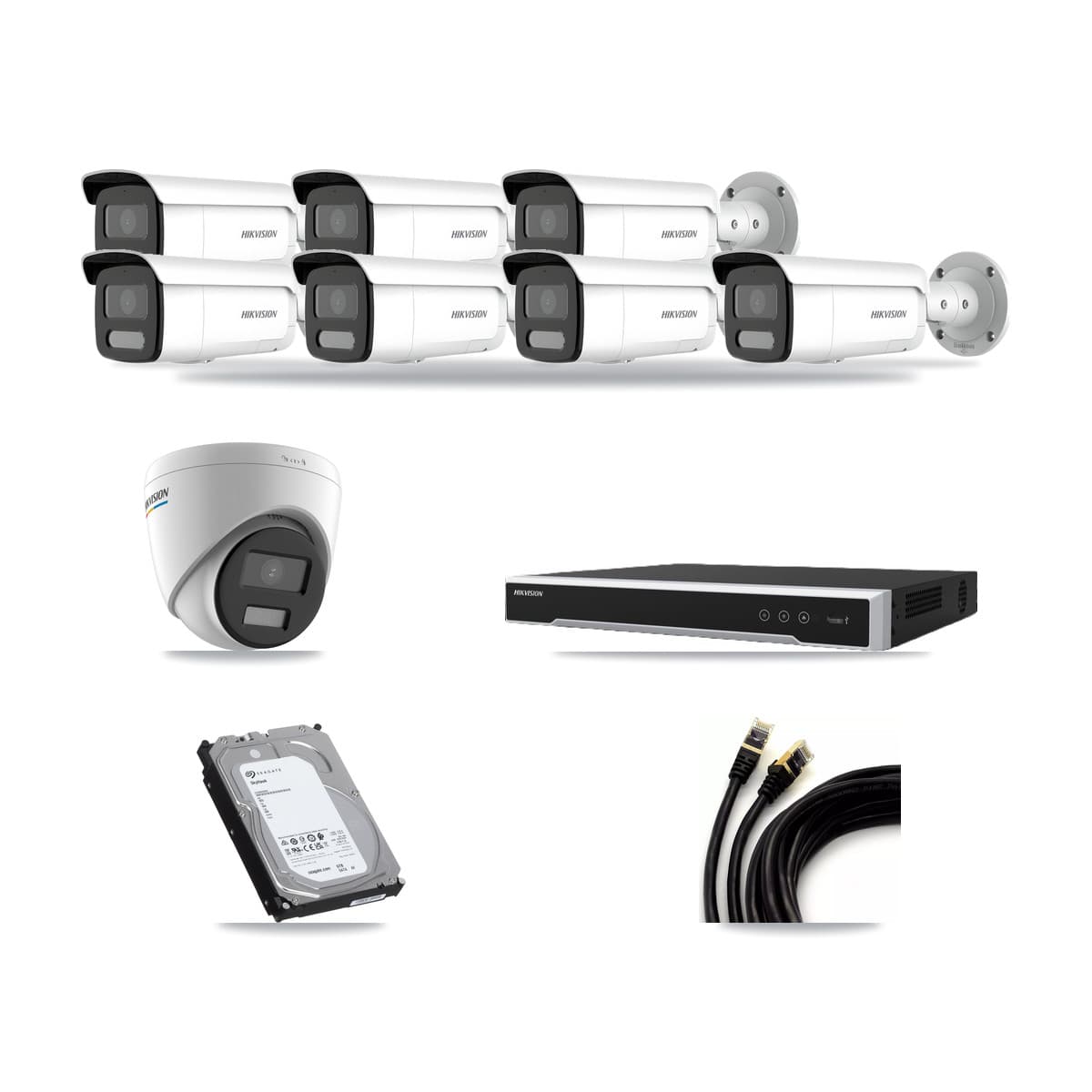 Hikvision 8-Channel 2MP – 4MP CCTV Kit — 1 2MP Turret + 7 4MP Bullet Cameras + 6TB Recording (DS-7608NI-M2 Recorder) - Image 1