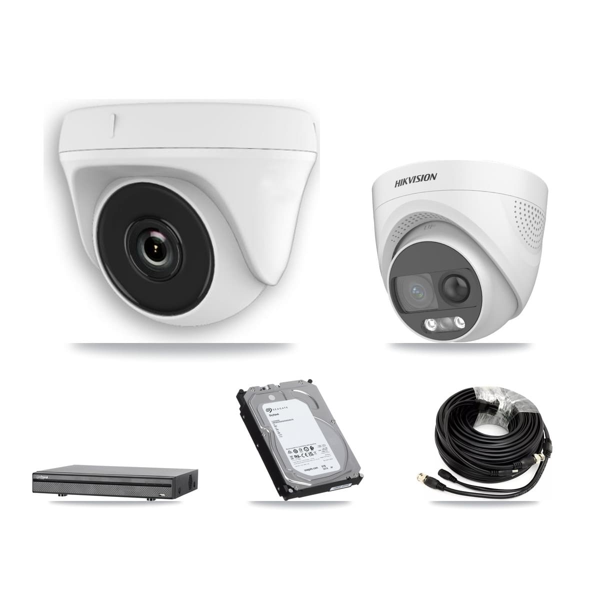 Hikvision & Dahua 8-Channel 2MP – 5MP CCTV Kit — 2 DS-2CE72KF3T 5MP Turret + 5 White HDT-2MP-N20W 2MP Dome Cameras + 6TB Recording (DH-XVR5108H Recorder)