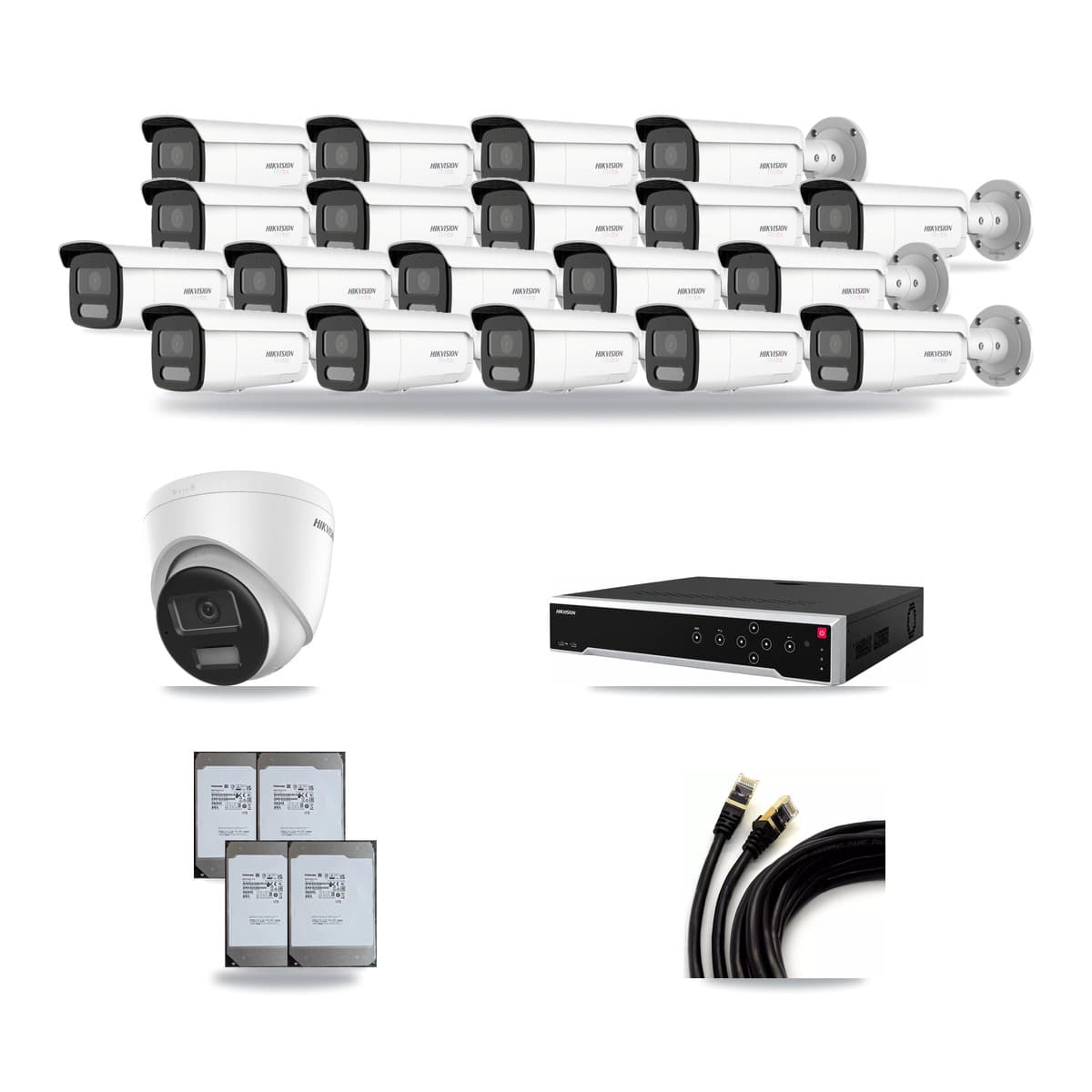 Hikvision 32-Channel 4K CCTV Kit — 1 DS-2CD1383G2-LIUF/SL Turret + 19 White DS-2CD2T87G2H-LISU/SL-2.8MM-W Bullet Cameras + 4× 14TB Recording (DS-7732NI-M4/24P Recorder) - Image 1