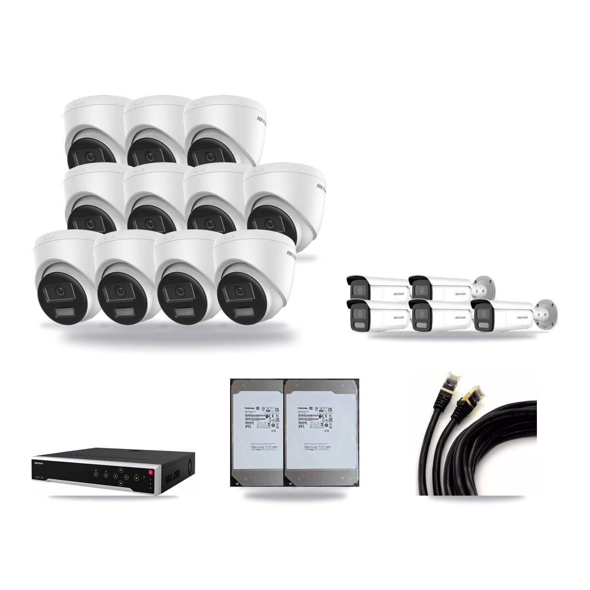 Hikvision 32-Channel 4MP – 4K CCTV Kit — 11 DS-2CD1383G2-LIUF/SL 4K Turret + 5 DS-2CD2T47G2H-LISU/SL 4MP Bullet Cameras + 2× 14TB Recording (DS-7732NI-M4/24P Recorder) - Image 1