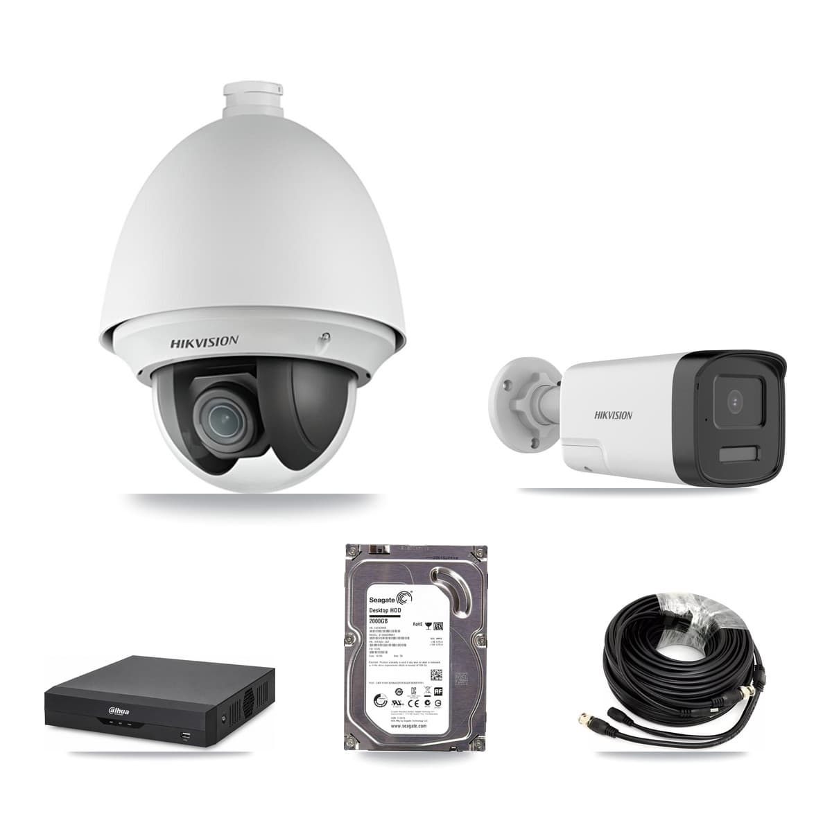 Hikvision & Dahua 4-Channel 2MP – 5MP CCTV Kit — 1 DS-2AE4225T 2MP PTZ + 1 DS-2CE17K0T 5MP Bullet Cameras + 2TB Recording