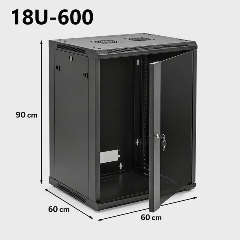 19" 18U Network Data Cabinet - 600mm Wall Rack for Patch Panel, Switch & PDU