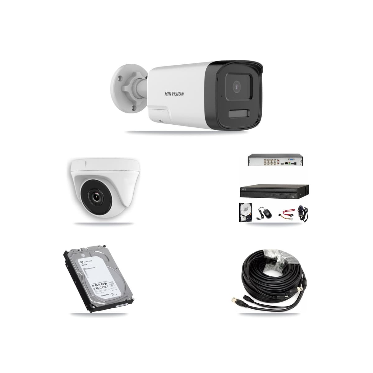 Hikvision & Dahua 8-Channel 2MP – 5MP CCTV Kit — 3 DS-2CE17K0T 5MP Bullet + 1 White HDT-2MP-N20W 2MP Dome Cameras + 6TB Recording