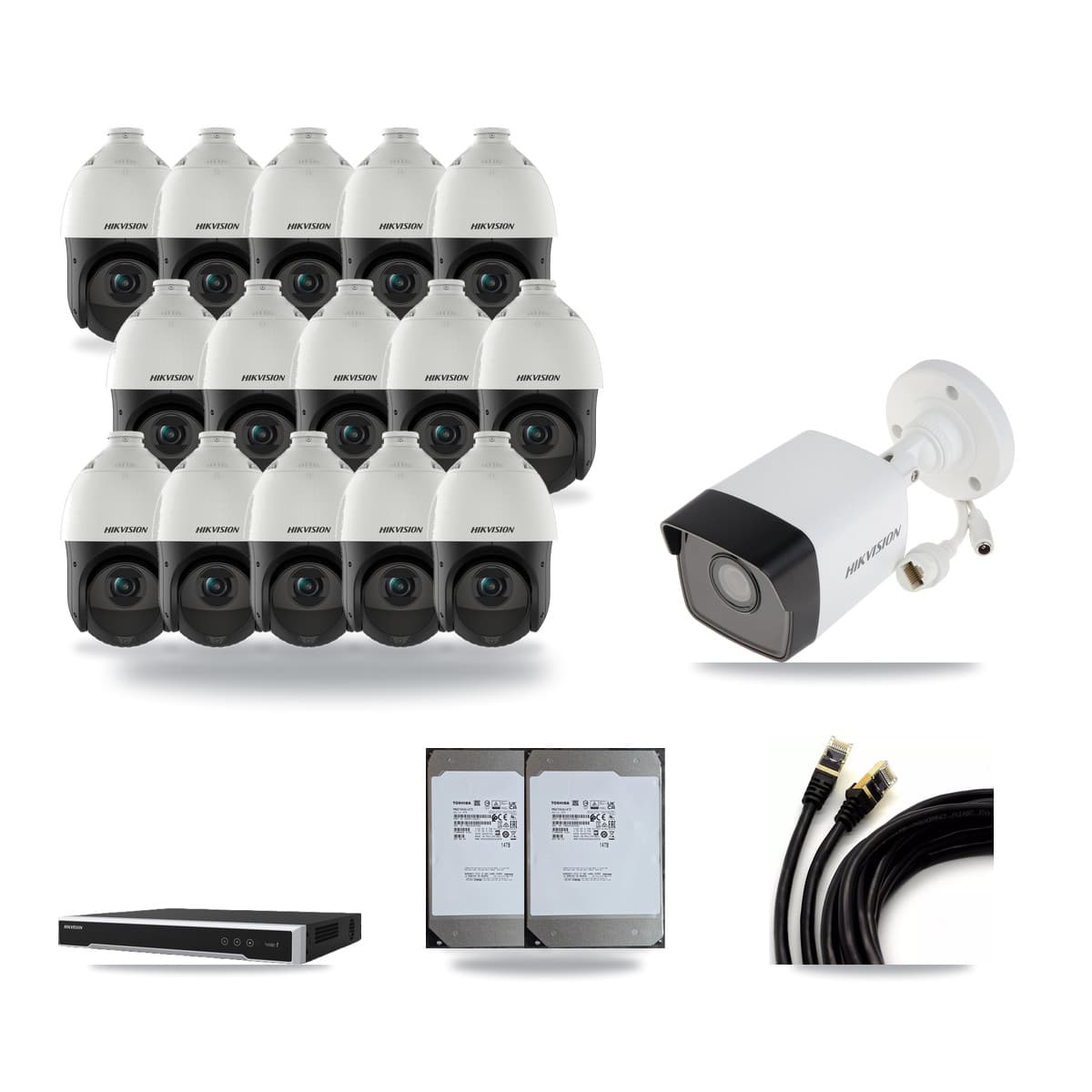 Hikvision 16-Channel 4MP – 5MP CCTV Kit — 1 5MP Bullet + 15 4MP PTZ Cameras + 2× 14TB Recording (DS-7616NI-M2 Recorder) - Image 1