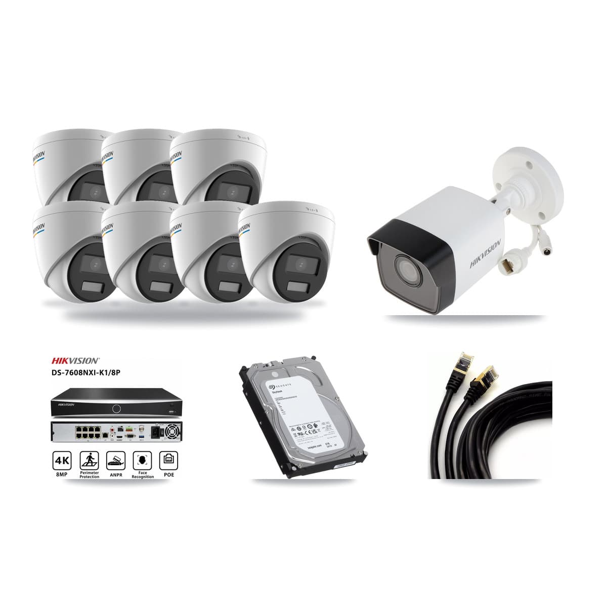 Hikvision 8-channel CCTV kit: 8 cameras (7× 2MP Turret + 1× 5MP Bullet), 6TB hard drive