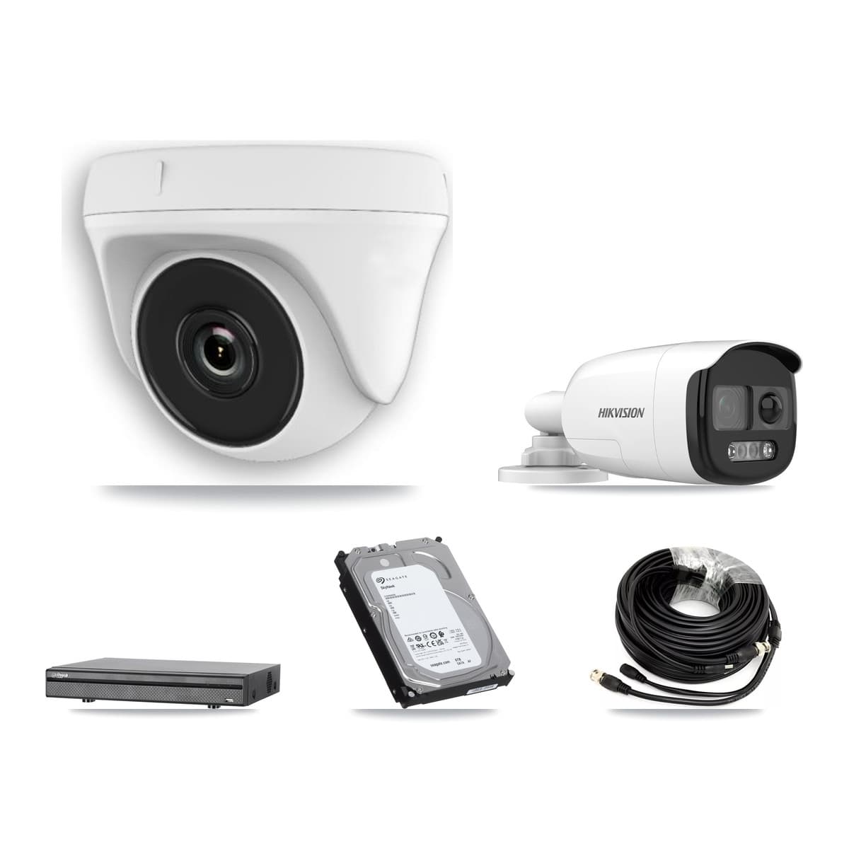 Hikvision & Dahua 8-Channel 2MP – 5MP CCTV Kit — 2 DS-2CE12KF3T 5MP Bullet + 5 White HDT-2MP-N20W 2MP Dome Cameras + 6TB Recording (DH-XVR5108H Recorder)