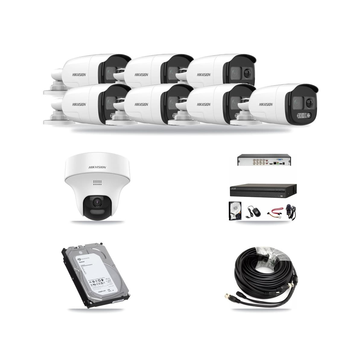Hikvision & Dahua 8-Channel 5MP CCTV Kit — 7 DS-2CE12KF3T Bullet + 1 DS-2CE70K0T Turret Cameras + 6TB Recording - Image 1