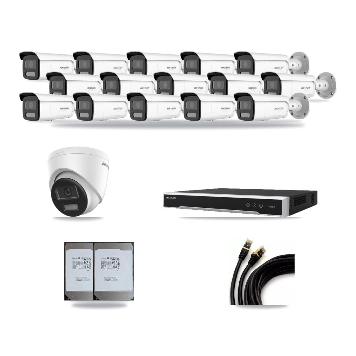 Hikvision 16-Channel 4K CCTV Kit — 1 DS-2CD1383G2-LIUF/SL Turret + 15 White DS-2CD2T87G2H-LISU/SL-2.8MM-W Bullet Cameras + 2× 14TB Recording (DS-7616NI-M2/16P Recorder) - Image 1