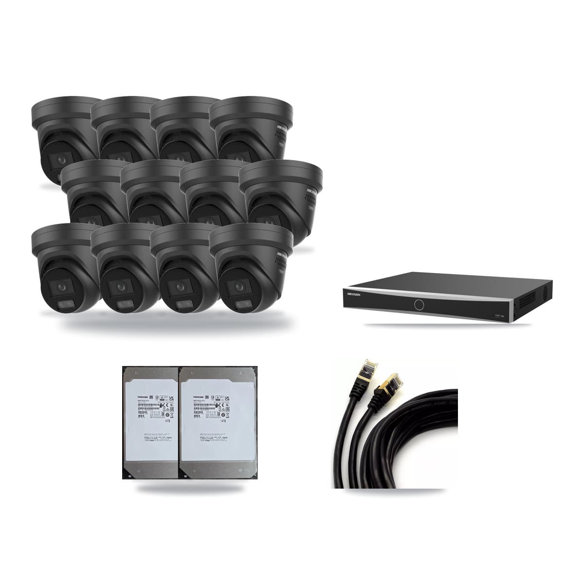 Hikvision 16-channel CCTV kit: 12 cameras (12× 4K Turret), 2× 14TB hard drive