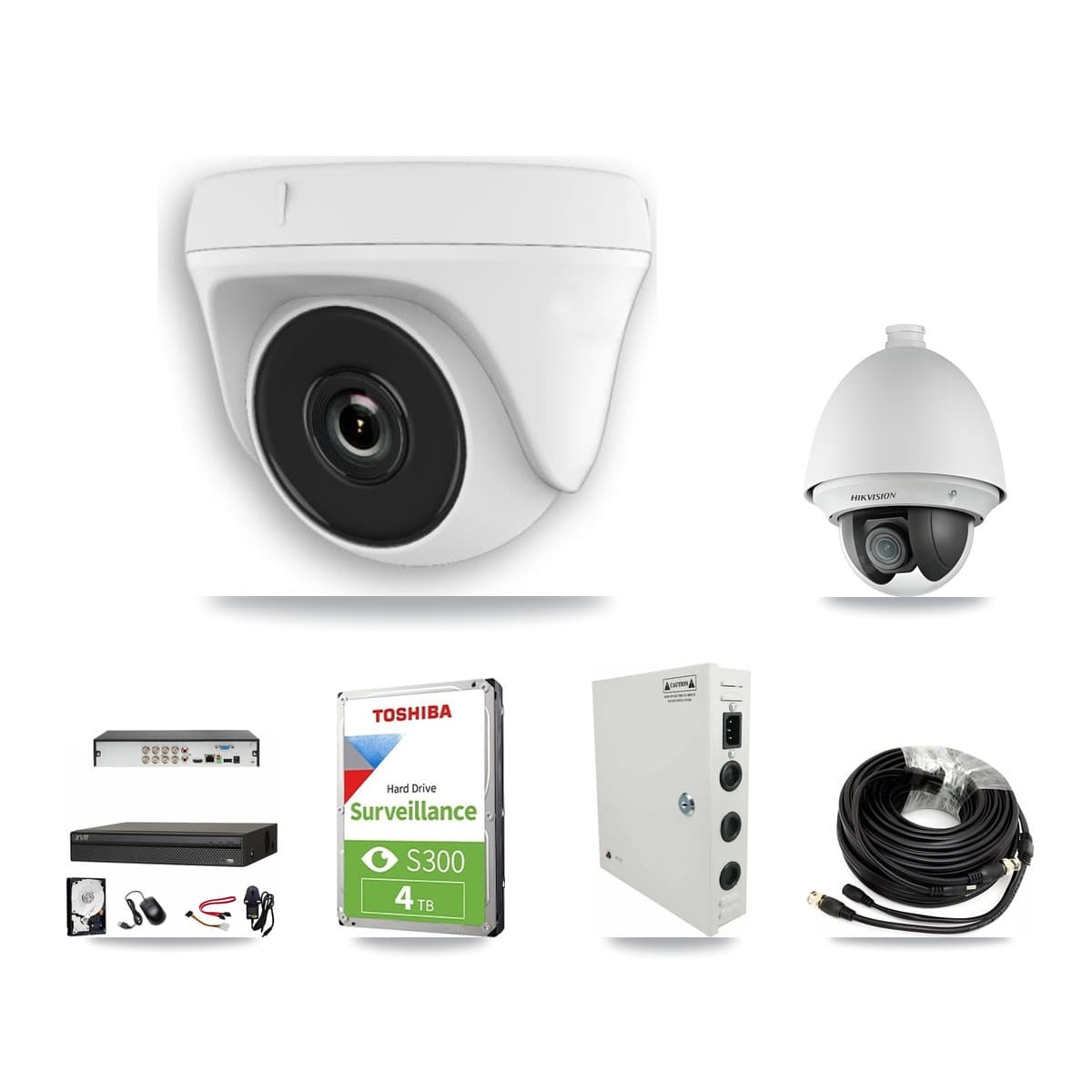 Hikvision & Dahua 8-Channel 2MP CCTV Kit — 1 DS-2AE4225T PTZ + 5 White HDT-2MP-N20W Dome Cameras + 4TB Recording