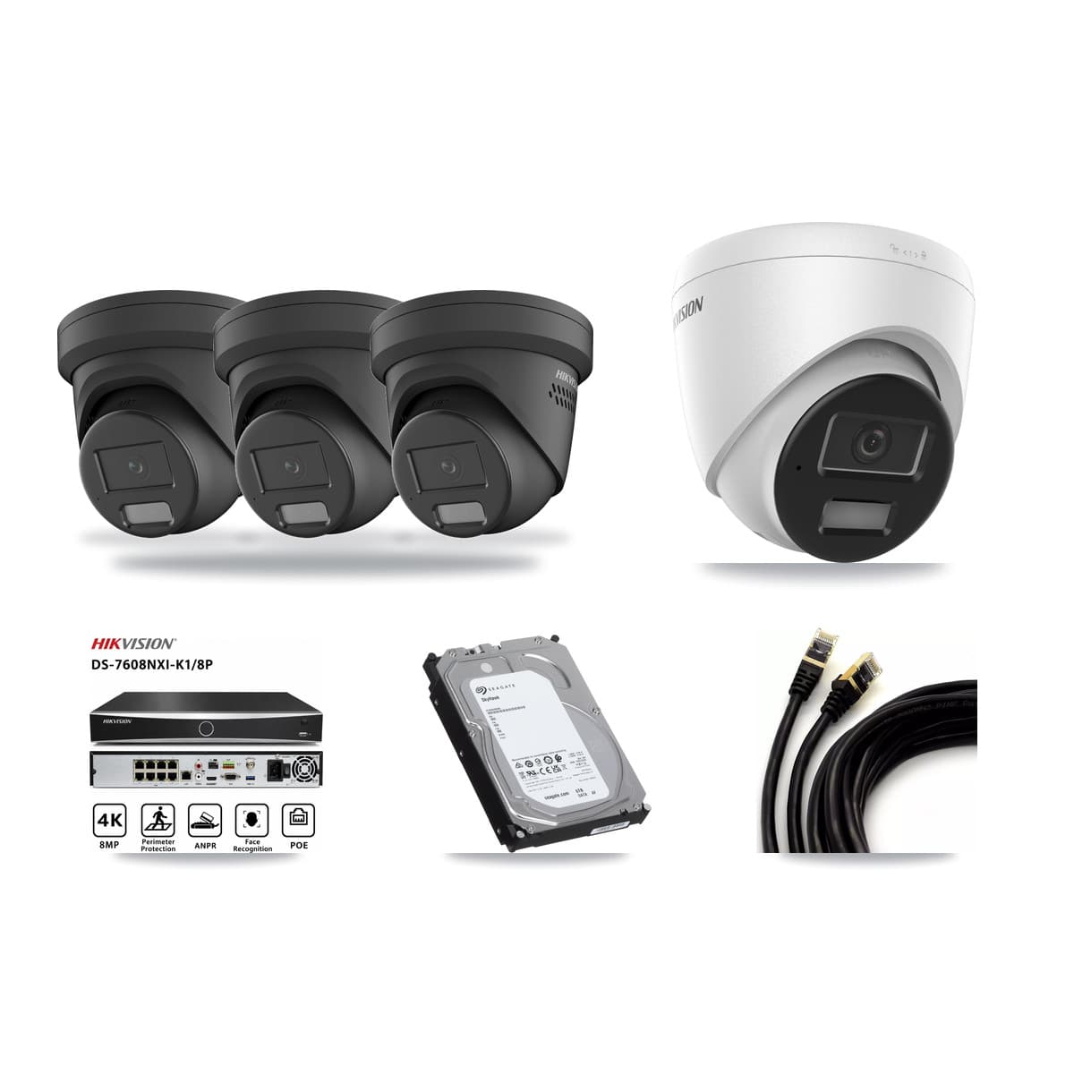 Hikvision 8-Channel 4MP CCTV Kit — 1 DS-2CD1343G2 + 3 Black DS-2CD2347G2 Turret Cameras + 6TB Recording (DS-7608NXI Recorder) - Image 1