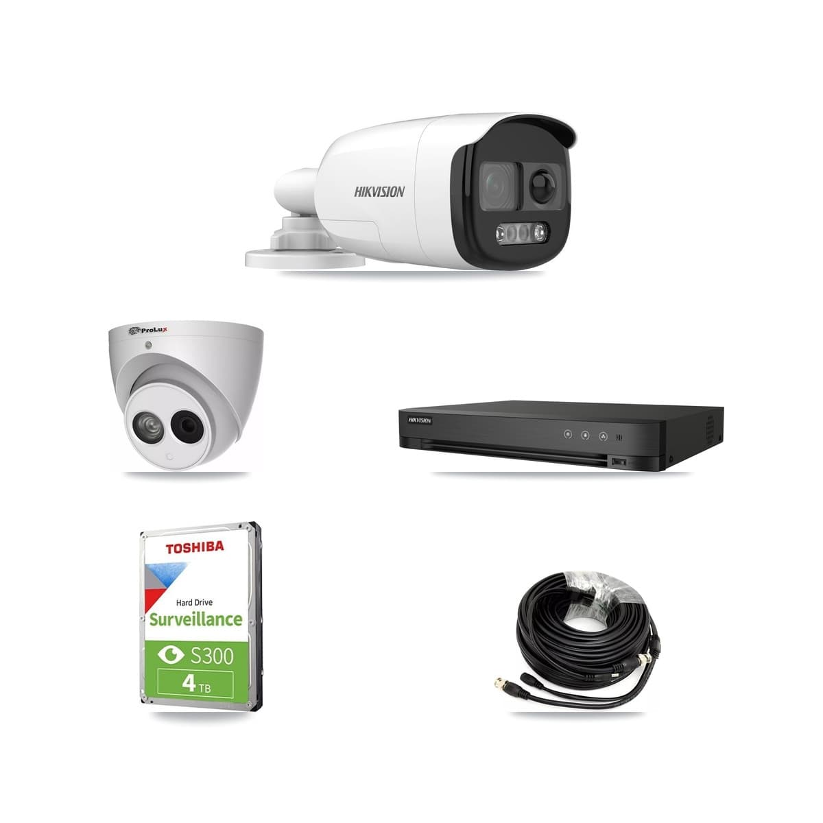 Hikvision & Prolux 4-Channel 4MP – 5MP CCTV Kit — 2 DS-2CE12KF3T 5MP Bullet + 1 PXC-612C4W-A 4MP Turret Cameras + 4TB Recording (DS-7204HUHI Recorder)