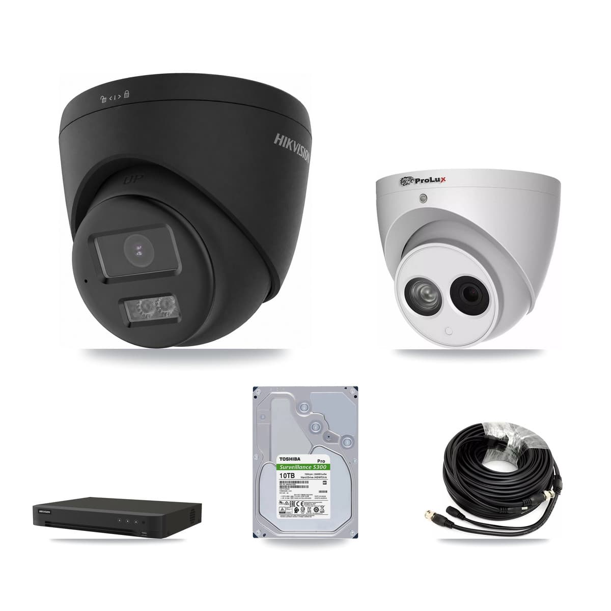 Hikvision & Prolux 8-Channel 4MP – 4K CCTV Kit — 3 Black DS-2CE78U0T-LTS-BLACK 4K + 1 PXC-612C4W-A-POC 4MP Turret Cameras + 10TB Recording (IDS-7208HUHI-M1/XT Recorder)