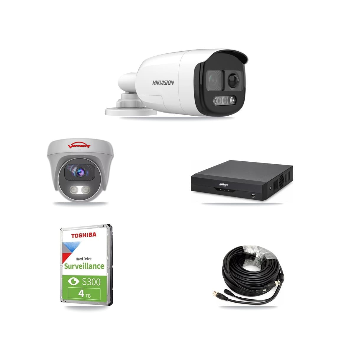 4-Channel 5MP CCTV Kit — 2 DS-2CE12KF3T Bullet + 1 White VIPER-5MP-3K Cameras + 4TB Recording (DH-XVR5104HS Recorder) - Image 1