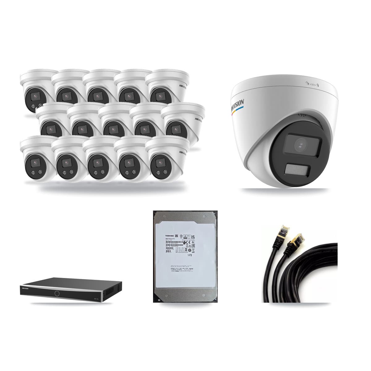 Hikvision 16-Channel 2MP – 5MP CCTV Kit — 1 2MP + 15 5MP Turret Cameras + 14TB Recording (DS-7616NXI Recorder) - Image 1