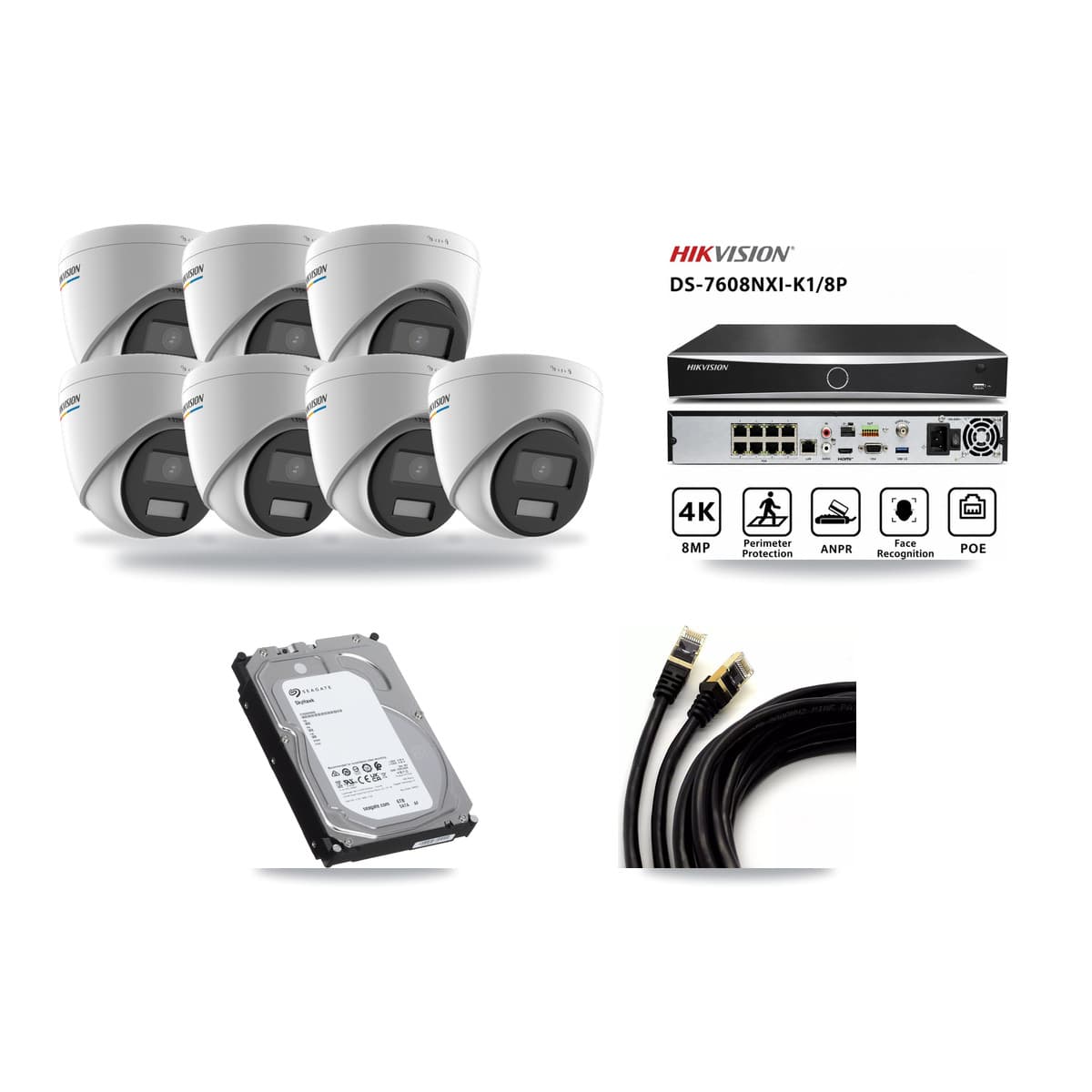 Hikvision 8-Channel 2MP – 5MP CCTV Kit — 7 2MP Turret + 1 5MP Dome Cameras + 6TB Recording (DS-7608NXI Recorder) - Image 1