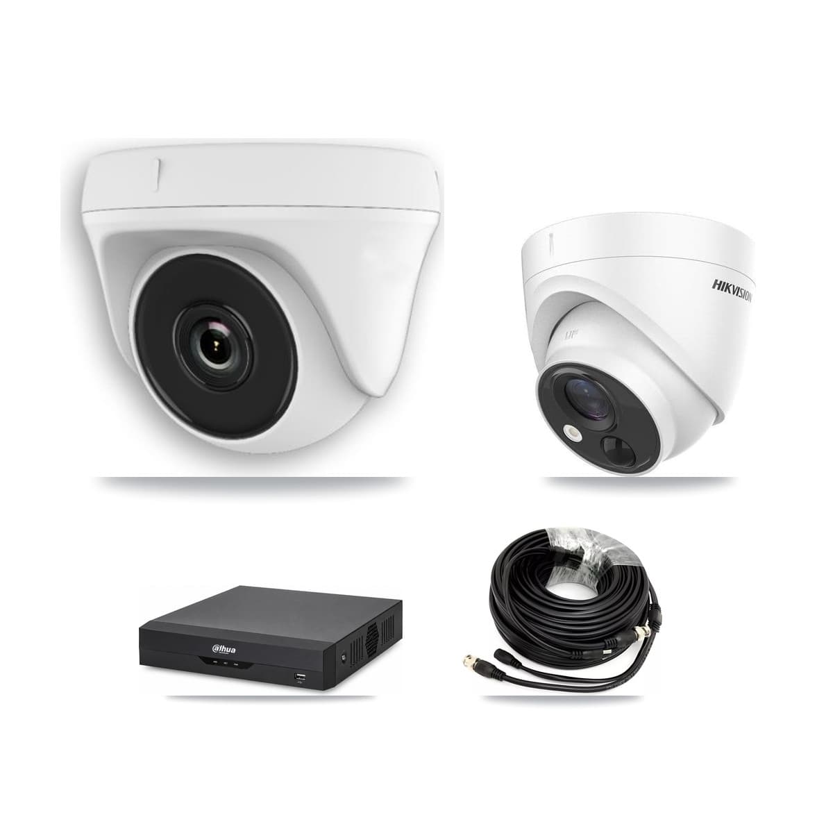 Hikvision & Dahua 4-Channel 2MP – 5MP CCTV Kit — 1 DS-2CE71H0T 5MP Turret + 3 White HDT-2MP-N20W 2MP Dome Cameras + 3TB Recording - Image 1