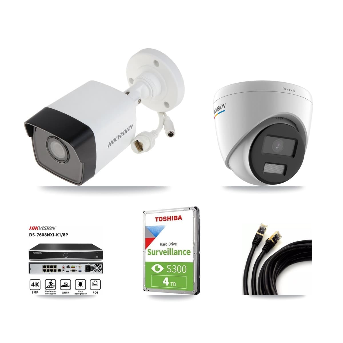 Hikvision 8-Channel 2MP – 5MP CCTV Kit — 2 5MP Bullet + 2 2MP Turret Cameras + 4TB Recording (DS-7608NXI Recorder)