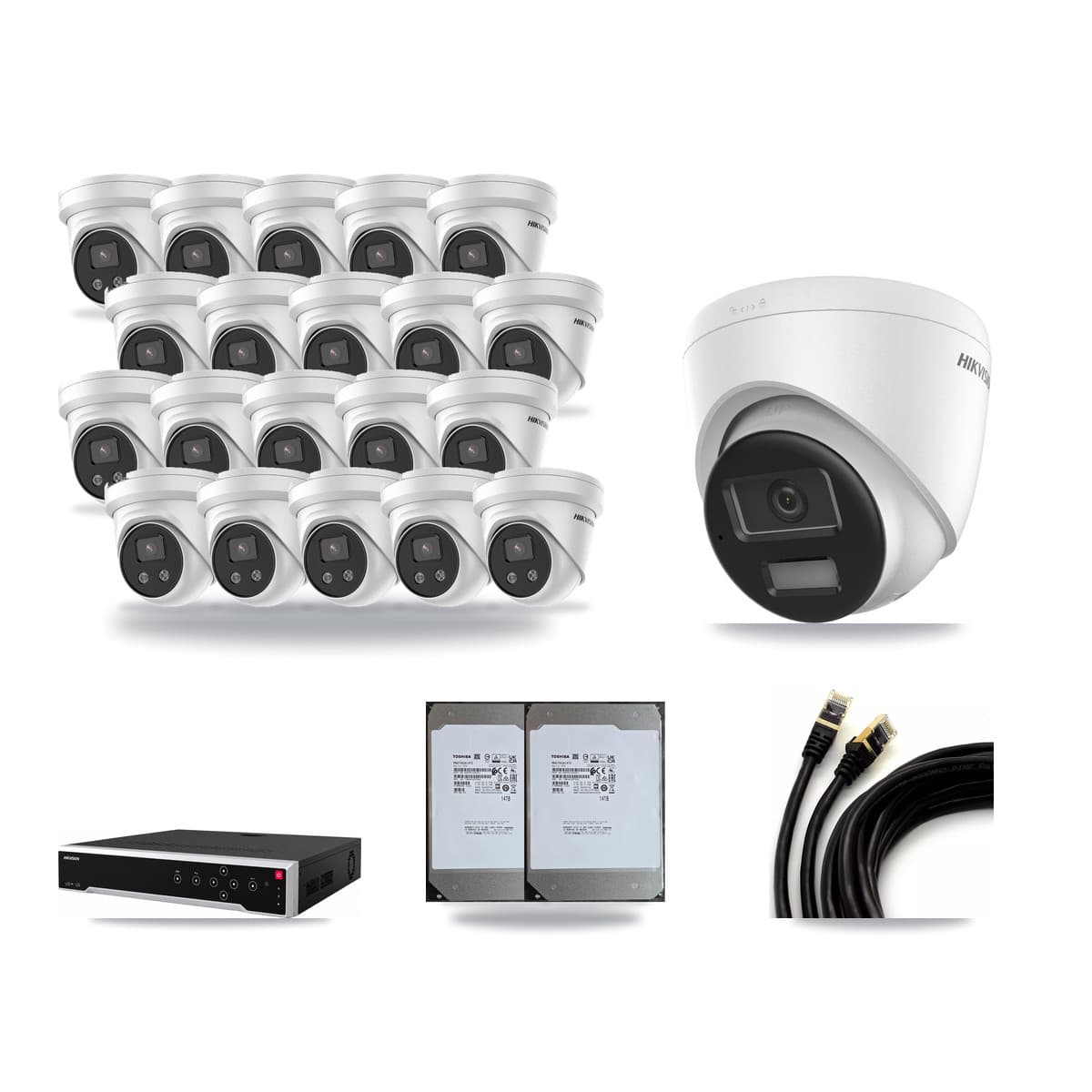 Hikvision 32-Channel 5MP – 4K CCTV Kit — 1 DS-2CD1383G2-LIUF/SL 4K + 20 DS-2CD3356G2-ISU 5MP Turret Cameras + 2× 14TB Recording (DS-7732NI-M4/24P Recorder) - Image 1
