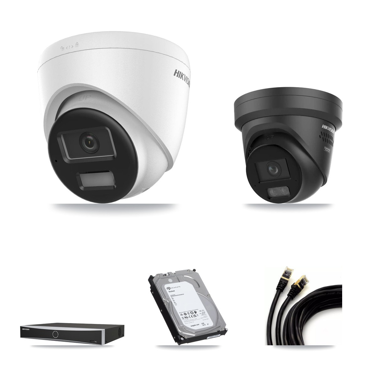 Hikvision DS-7604NXI-K1/4P 4-Channel NVR CCTV Kit — 1× DS-2CD1383G2-LIUF/SL Turret + 1× DS-2CD2387G3-LIS2UY/SL-Black Black Turret 4K Cameras + 6TB HDD