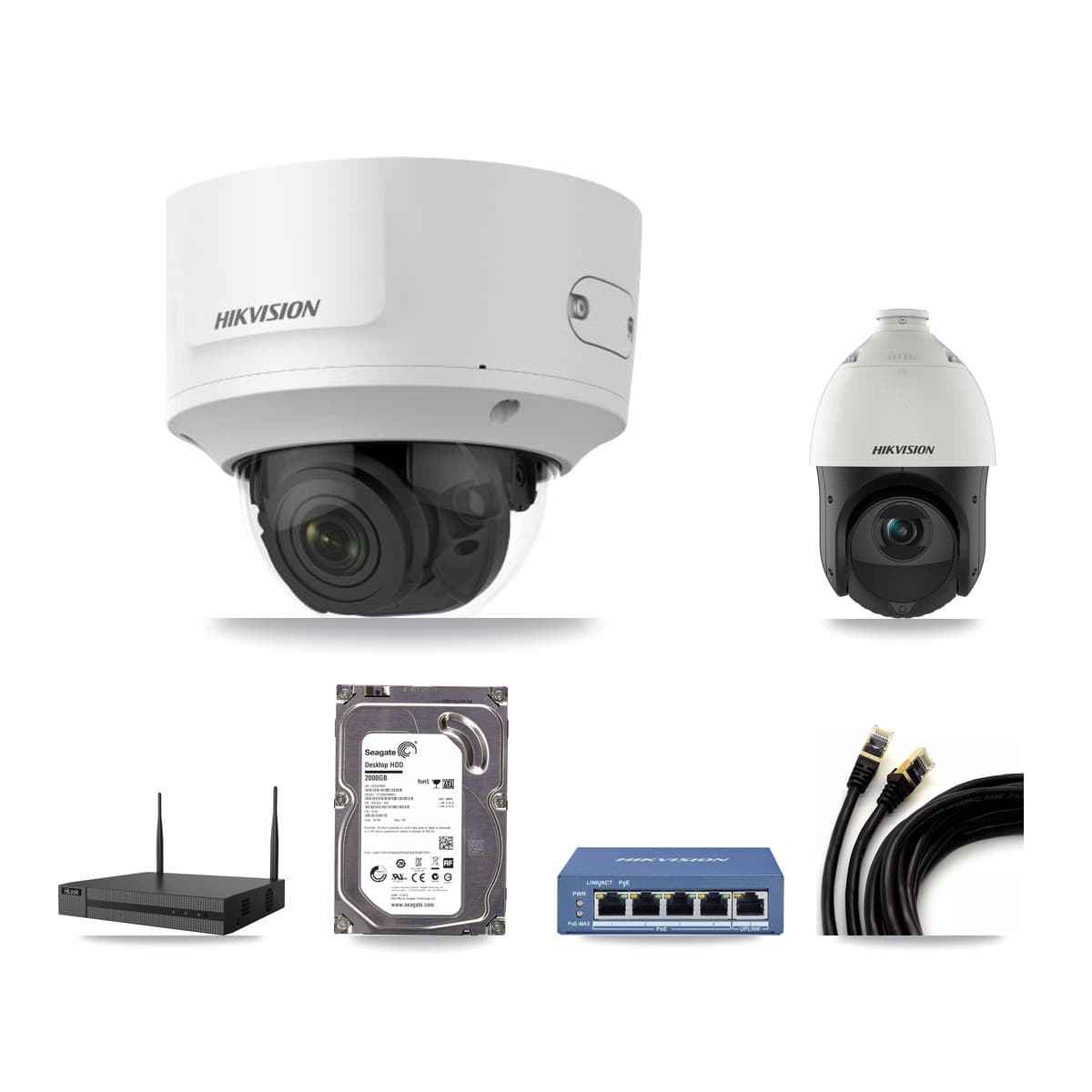 Hikvision & HiLook 4-Channel 2MP – 4MP CCTV Kit — 1 2MP Dome + 1 4MP PTZ Cameras + 2TB Recording